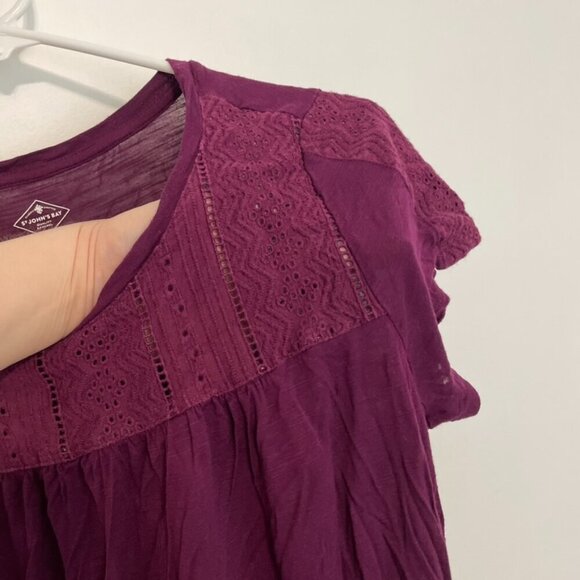 ST. JOHN'S BAY Plum Purple Geo Geometric Crochet Trim Boho Short Sleeve Blouse L - Picture 4 of 10